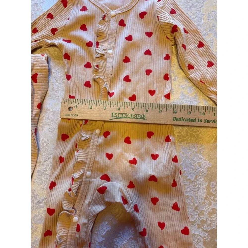Heart Print Ruffle Romper with Belt, Long Sleeve,‎ Valentine's Day Outfit, 100